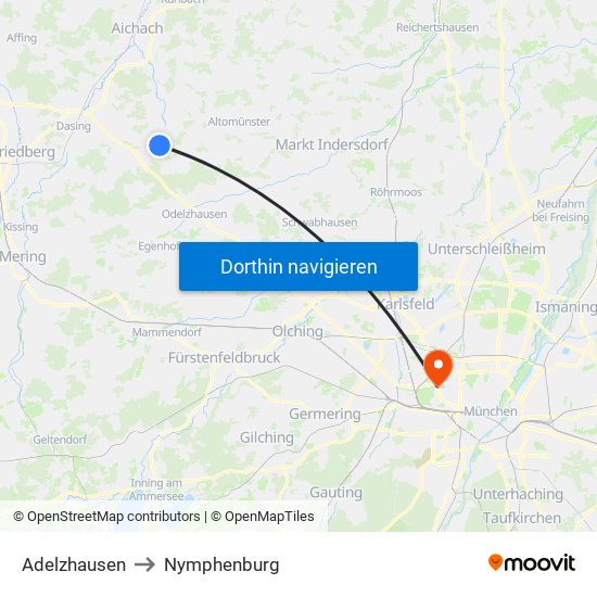 Adelzhausen to Nymphenburg map