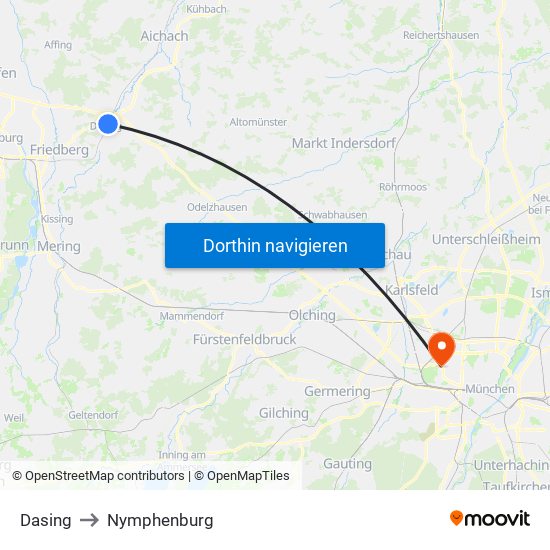 Dasing to Nymphenburg map