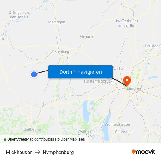 Mickhausen to Nymphenburg map