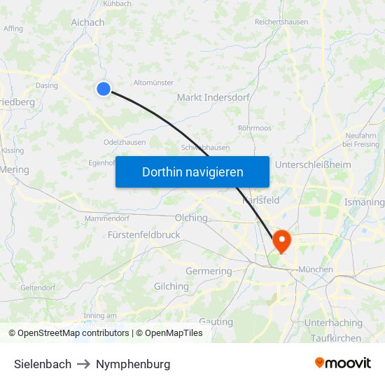 Sielenbach to Nymphenburg map