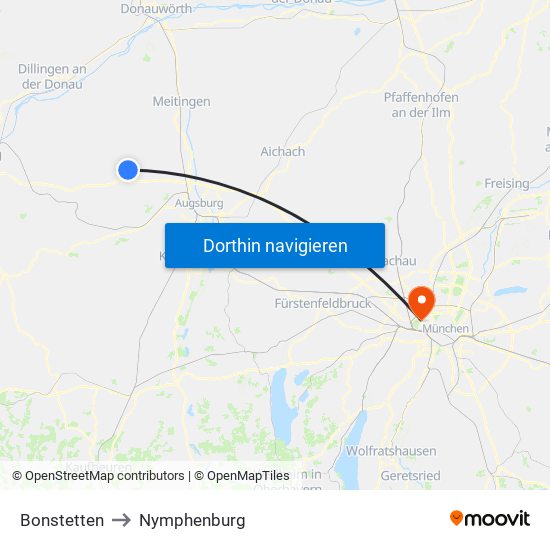 Bonstetten to Nymphenburg map