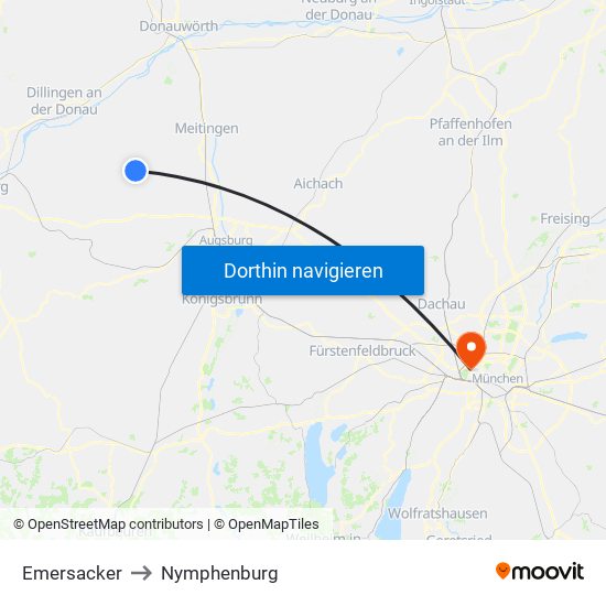 Emersacker to Nymphenburg map