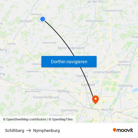 Schiltberg to Nymphenburg map