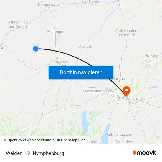 Welden to Nymphenburg map