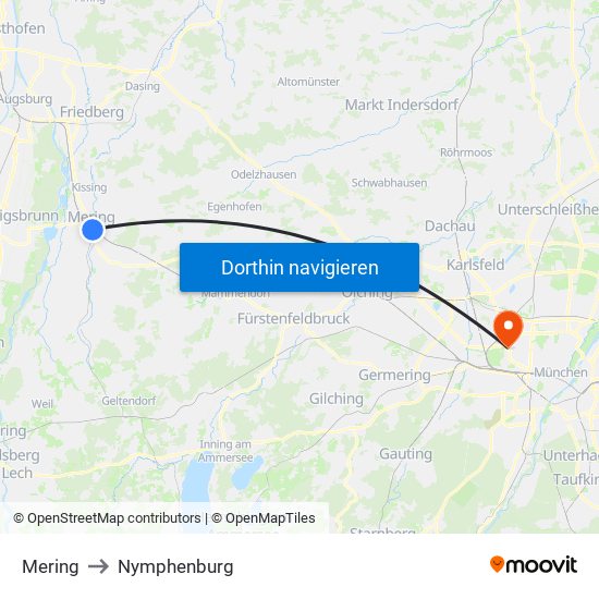 Mering to Nymphenburg map