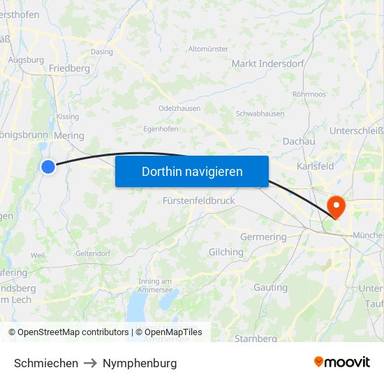 Schmiechen to Nymphenburg map