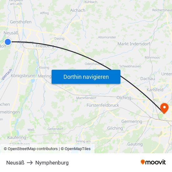Neusäß to Nymphenburg map