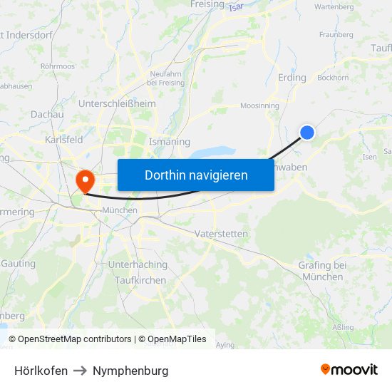 Hörlkofen to Nymphenburg map