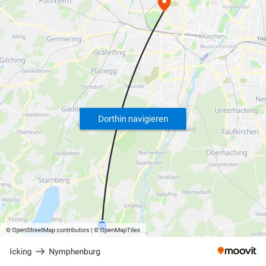 Icking to Nymphenburg map