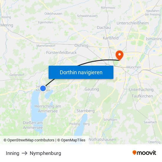 Inning to Nymphenburg map