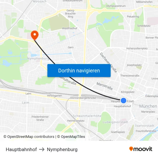 Hauptbahnhof to Nymphenburg map