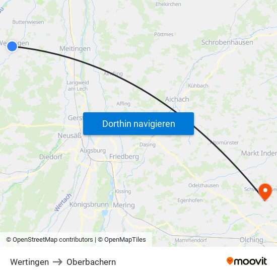 Wertingen to Oberbachern map