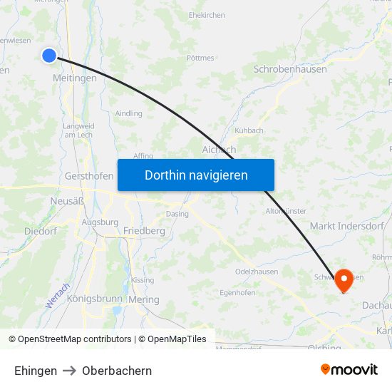 Ehingen to Oberbachern map