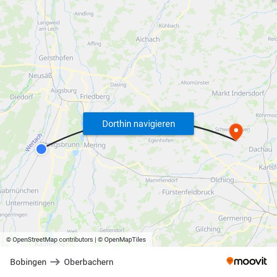 Bobingen to Oberbachern map