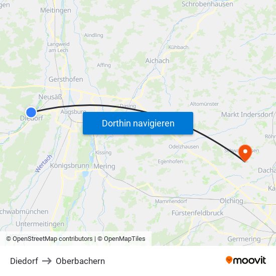 Diedorf to Oberbachern map