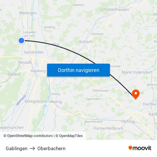 Gablingen to Oberbachern map