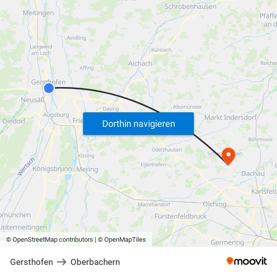 Gersthofen to Oberbachern map