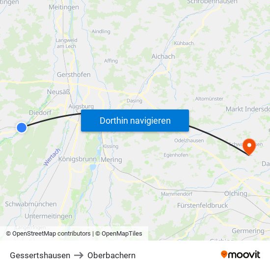 Gessertshausen to Oberbachern map