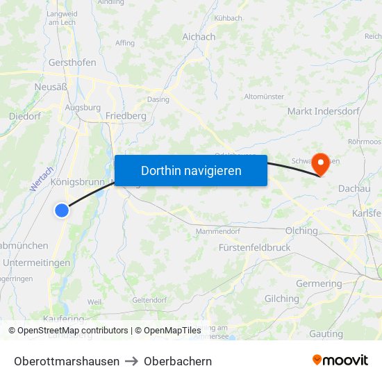 Oberottmarshausen to Oberbachern map