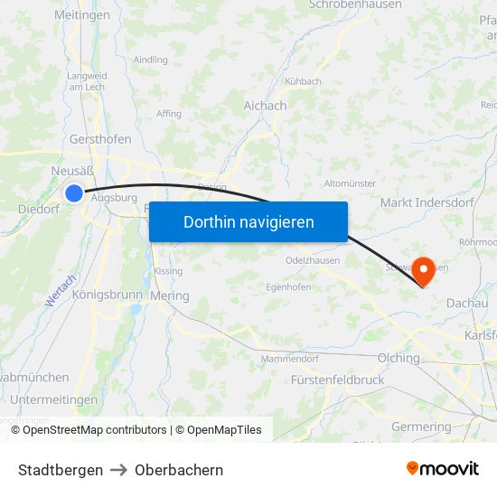 Stadtbergen to Oberbachern map