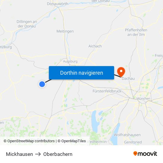 Mickhausen to Oberbachern map