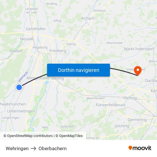 Wehringen to Oberbachern map