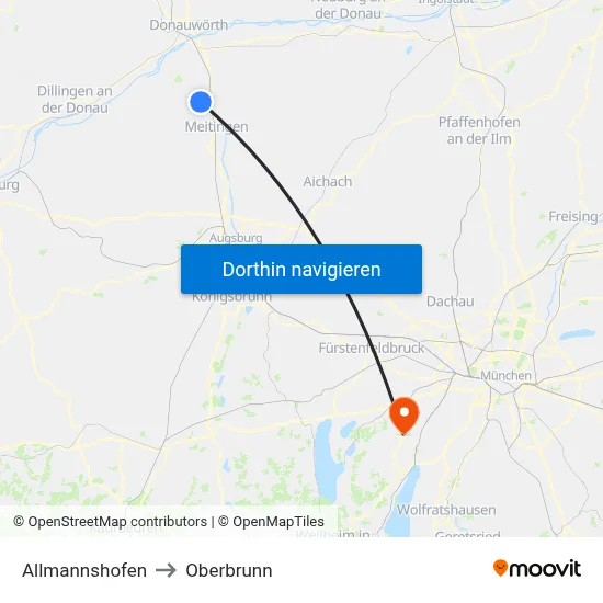Allmannshofen to Oberbrunn map