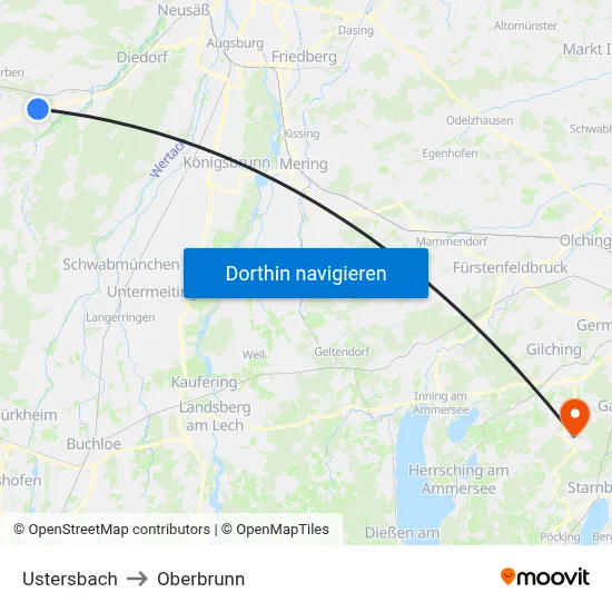 Ustersbach to Oberbrunn map