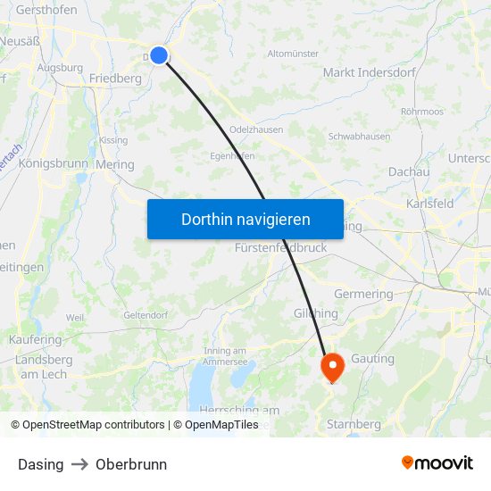 Dasing to Oberbrunn map