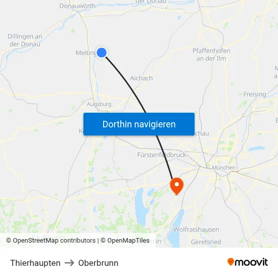 Thierhaupten to Oberbrunn map