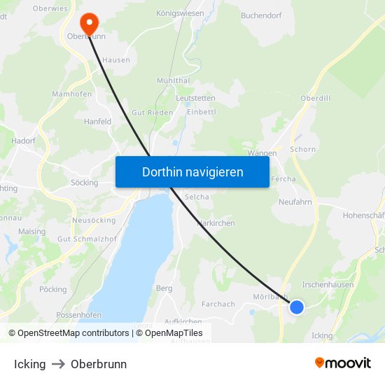 Icking to Oberbrunn map