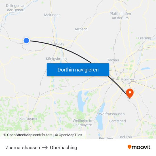 Zusmarshausen to Oberhaching map