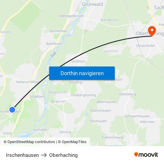 Irschenhausen to Oberhaching map