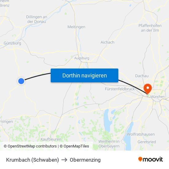 Krumbach (Schwaben) to Obermenzing map