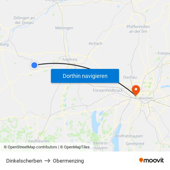 Dinkelscherben to Obermenzing map