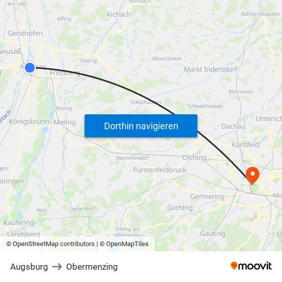 Augsburg to Obermenzing map