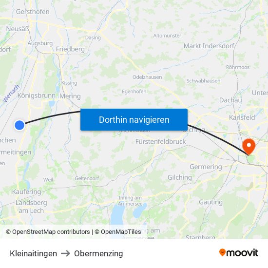 Kleinaitingen to Obermenzing map