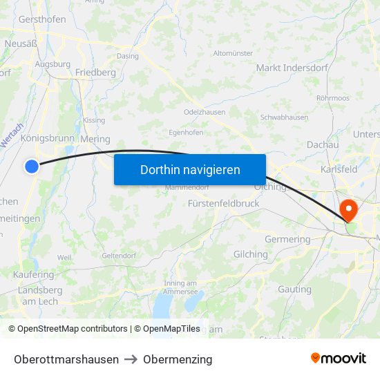 Oberottmarshausen to Obermenzing map