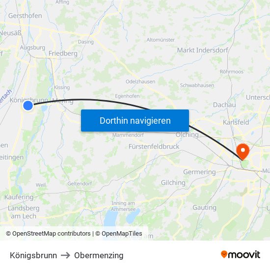 Königsbrunn to Obermenzing map