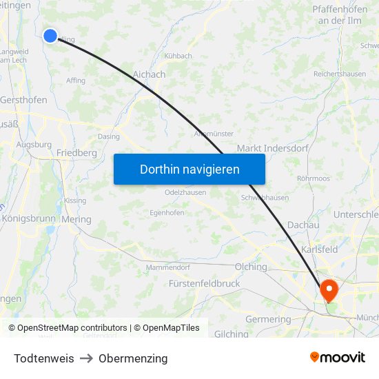 Todtenweis to Obermenzing map