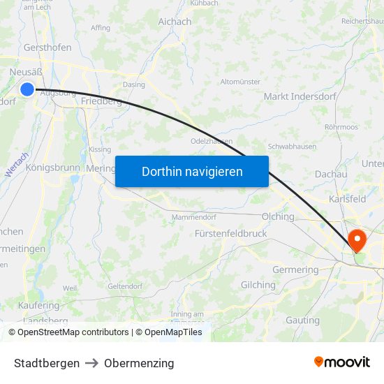 Stadtbergen to Obermenzing map