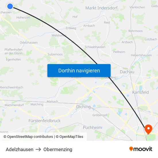 Adelzhausen to Obermenzing map