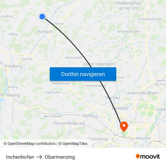 Inchenhofen to Obermenzing map