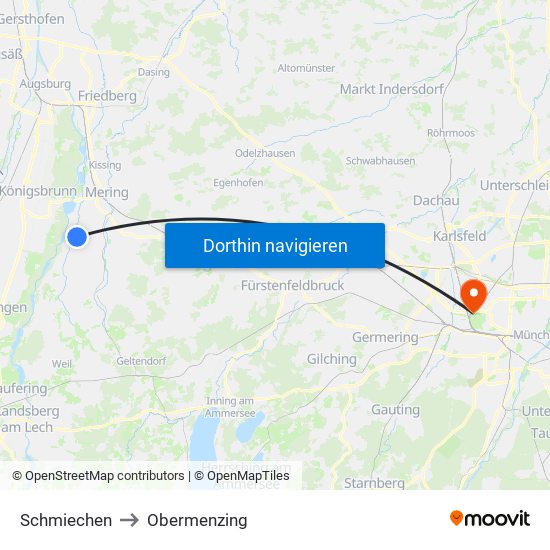 Schmiechen to Obermenzing map