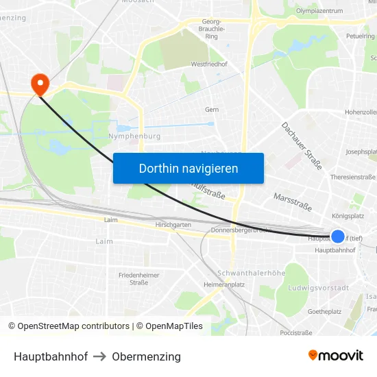 Hauptbahnhof to Obermenzing map