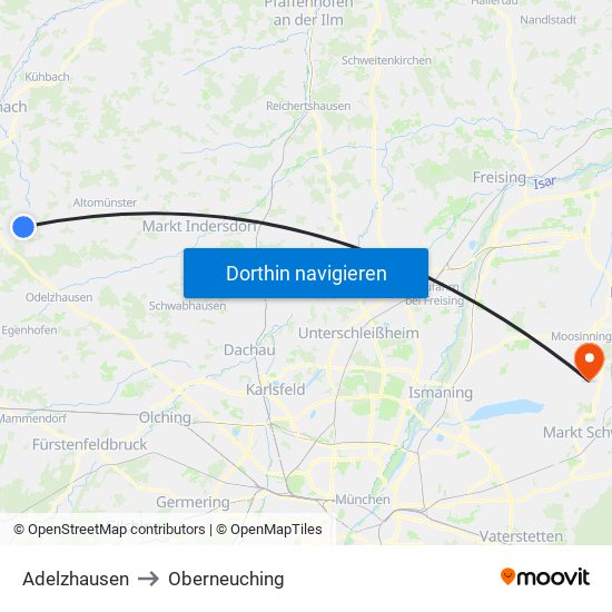 Adelzhausen to Oberneuching map