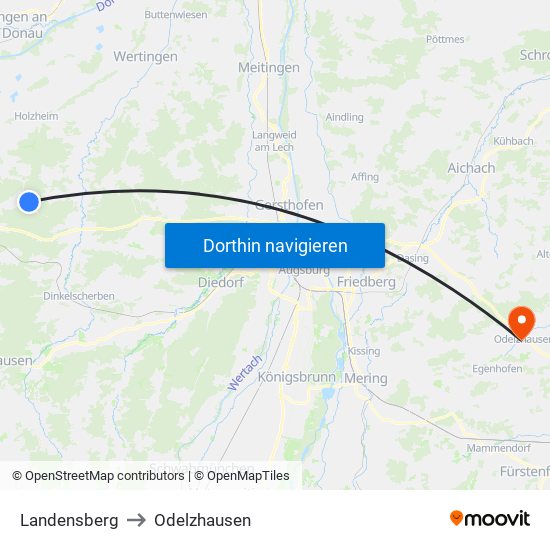 Landensberg to Odelzhausen map