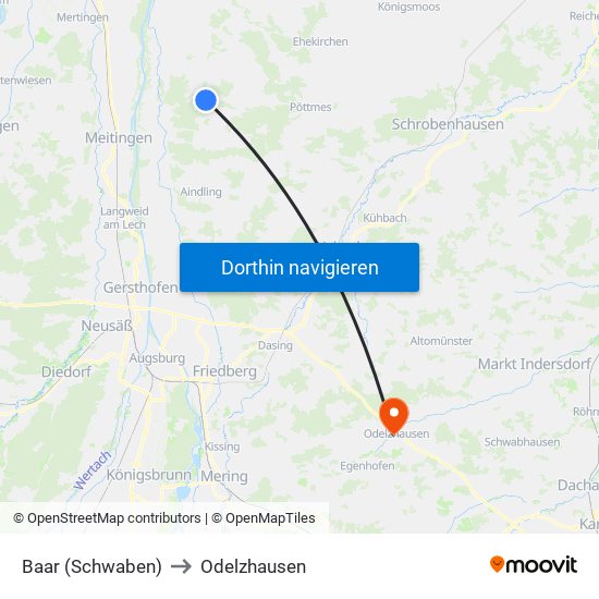 Baar (Schwaben) to Odelzhausen map