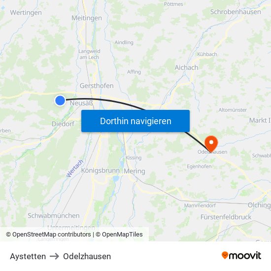 Aystetten to Odelzhausen map