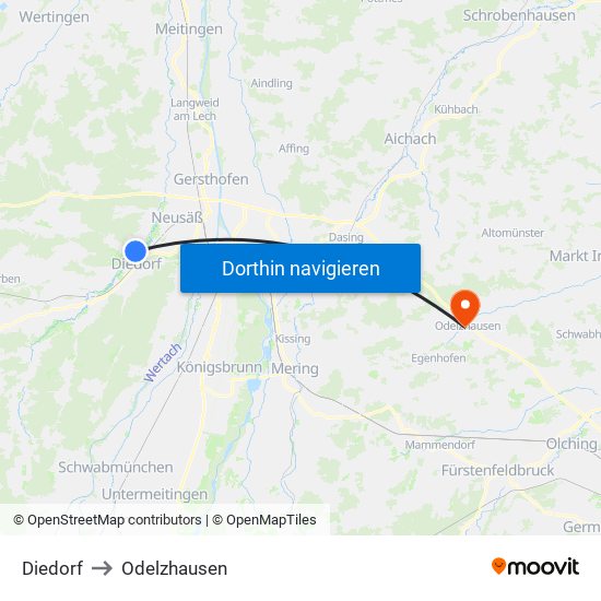 Diedorf to Odelzhausen map